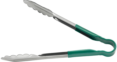 Stainless steel serving tongs with green handle